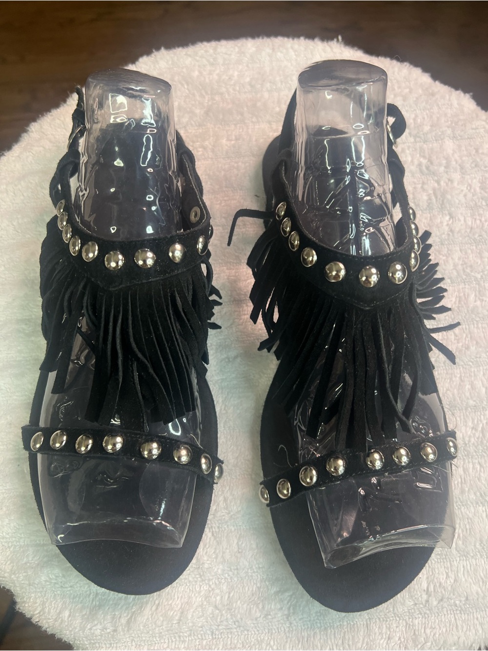 Angels Black Fringe Sandals with Silver Studs